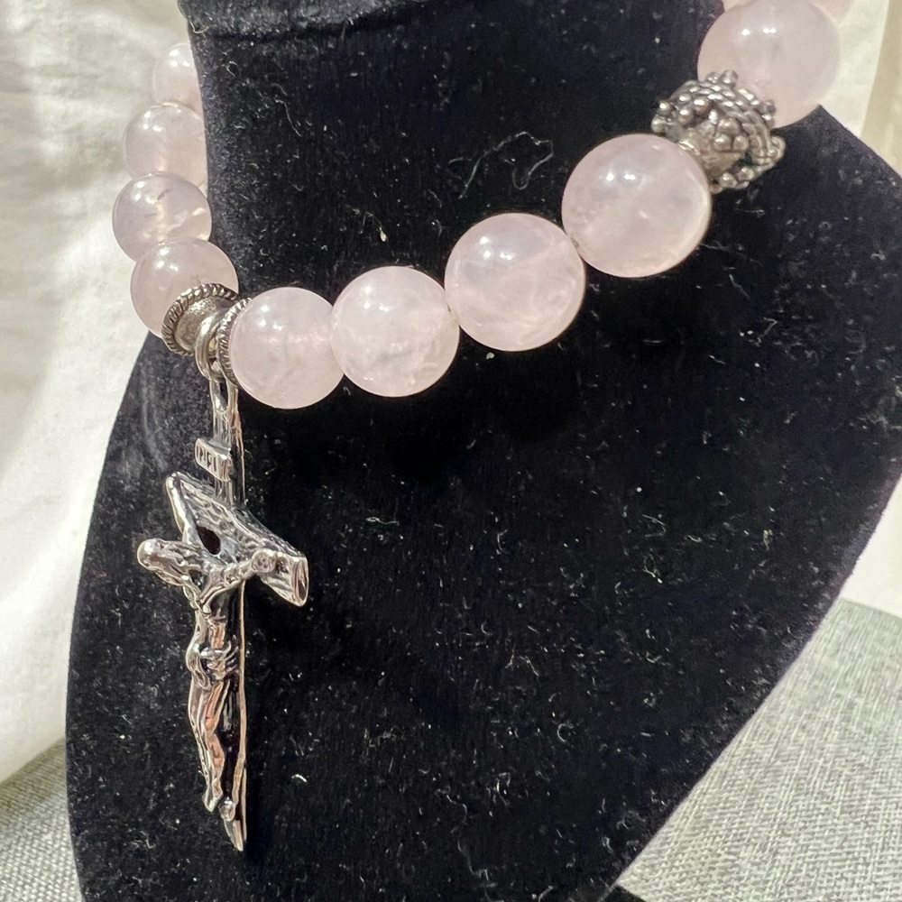 Rosary" Bracelet Rose Quartz Stone with Cross Stainless Steel Silver ☑️ - Picture 11 of 14